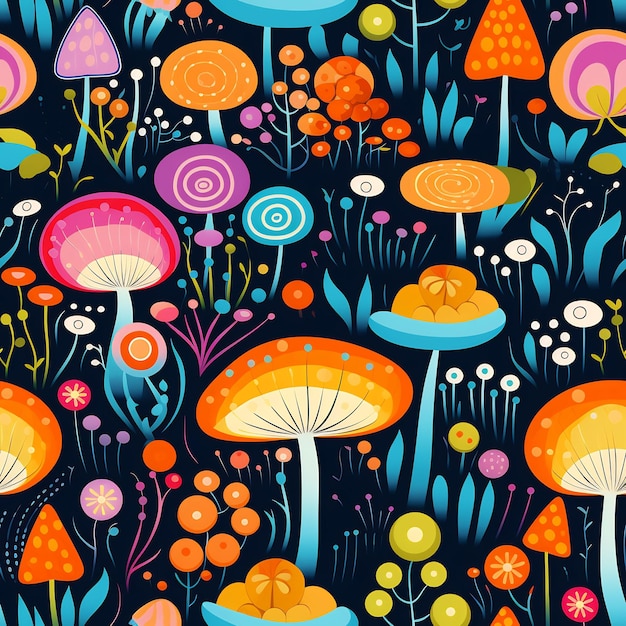 une collection colorée de champignons et de champignons sur fond sombre