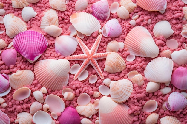 une collection colorée de coquillages et d'étoiles de mer sur un sable rose.