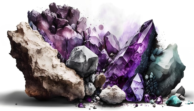 Une collection colorée de cristaux avec des cristaux violets et bleus.