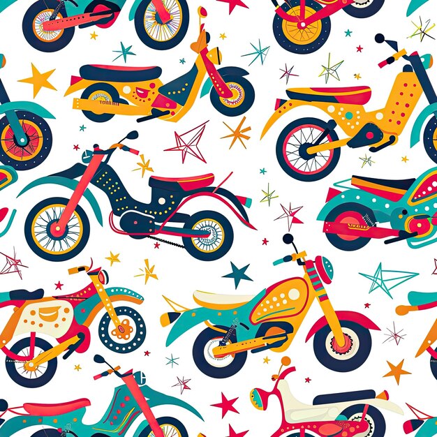 une collection colorée de motos avec les mots motocyclistes en bas