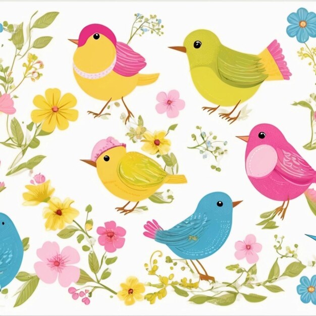 Photo une collection colorée d'oiseaux avec des fleurs et des fleurs