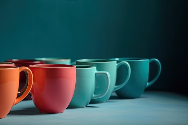 Collection colorée de tasses à café alignées sur une table Generative AI