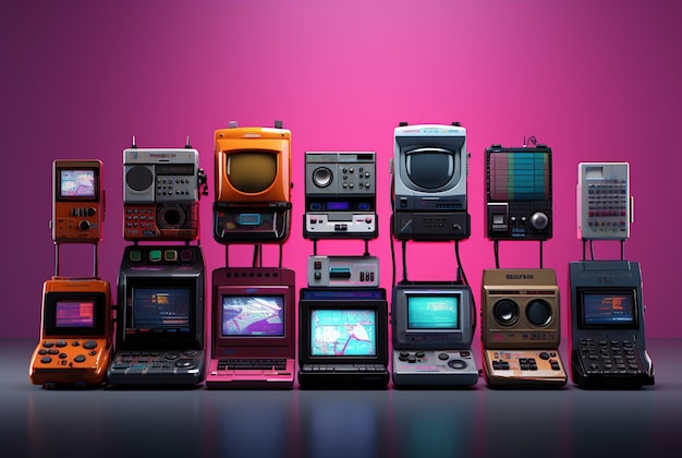 La collection de consoles de jeux est disposée sur un fond violet dans le style de scènes nostalgiques et d'esthétique vintage colorisées