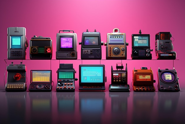 La collection de consoles de jeux est disposée sur un fond violet dans le style de scènes nostalgiques et d'esthétique vintage colorisées