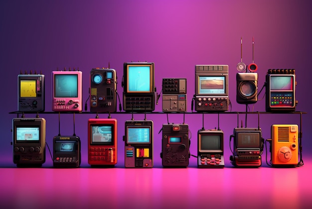 La collection de consoles de jeux est disposée sur un fond violet dans le style de scènes nostalgiques et d'esthétique vintage colorisées