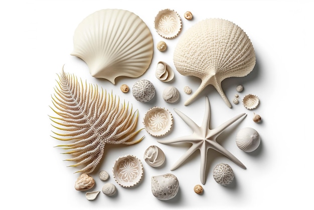 Collection de coquillages blancs et de coraux sur blanc Generative AI