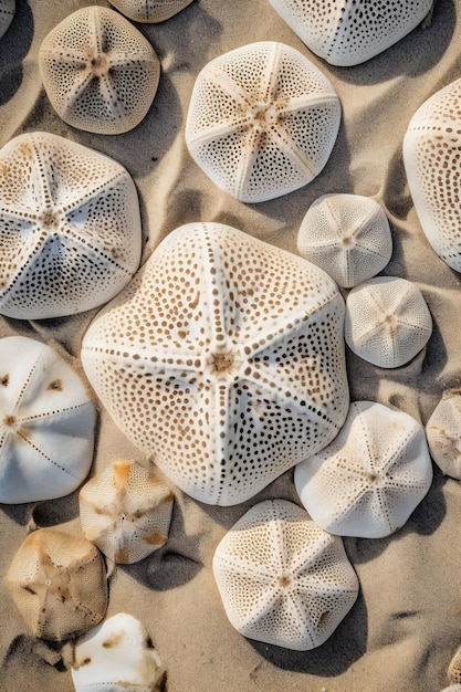 Une collection de coquillages blancs avec un motif d'étoiles de mer dessus.