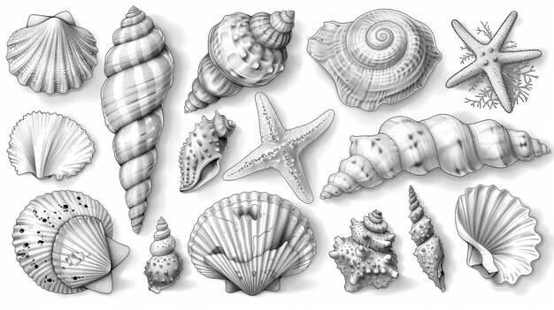 Photo la collection de coquillages est une illustration moderne en noir et blanc montrant des étoiles de corail d'algues et des coquilles.