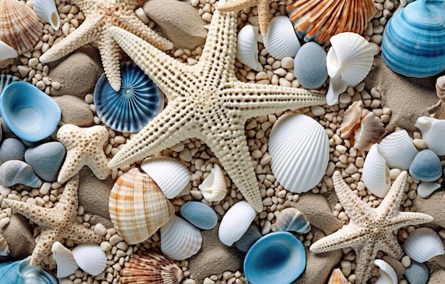 Une collection de coquillages et d'étoiles de mer se trouve sur une plage.