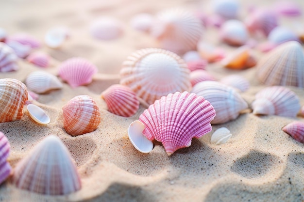 Une collection de coquillages roses sur une plage de sable rose