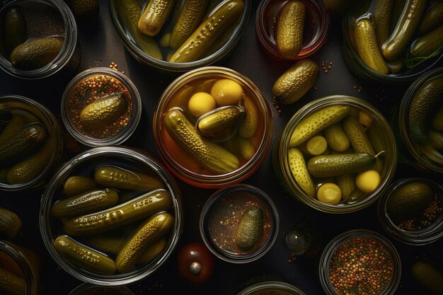 Une collection de cornichons sont présentés sur une table.