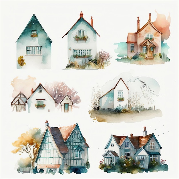 Collection de cottages aquarelles assez délicats Chaque cottage est d'un type différent Generative AI