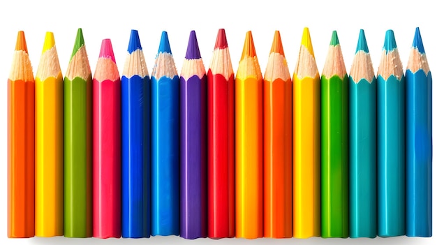 Une collection de crayons de couleurs de différentes couleurs ils sont disposés en rangée sur un fond blanc