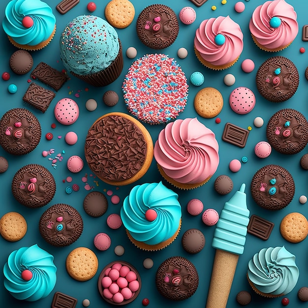 Une collection de cupcakes dont un avec des pépites bleues et roses et un glaçage au chocolat.