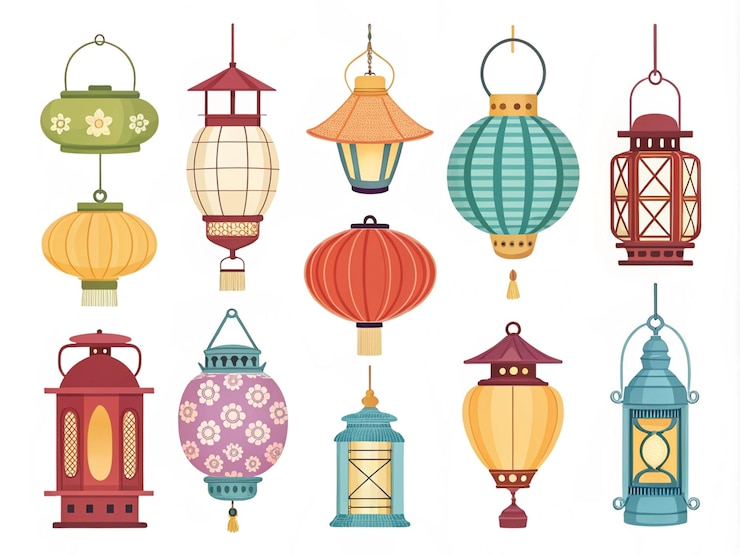 Photo collection de design de lanternes colorées en couleurs plates sur fond blanc