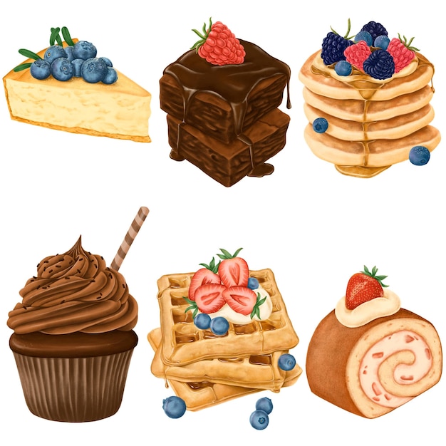Collection de desserts dessinée à la main png transparent