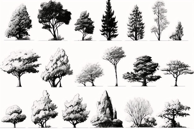 collection dessin de ligne d'arbre de style minimal vue latérale ensemble d'éléments d'arbres graphiques printemps