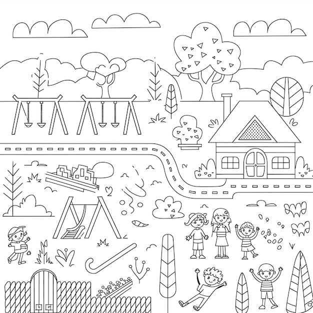 une collection de dessins comprenant une maison de plage le mot petits enfants et le mot