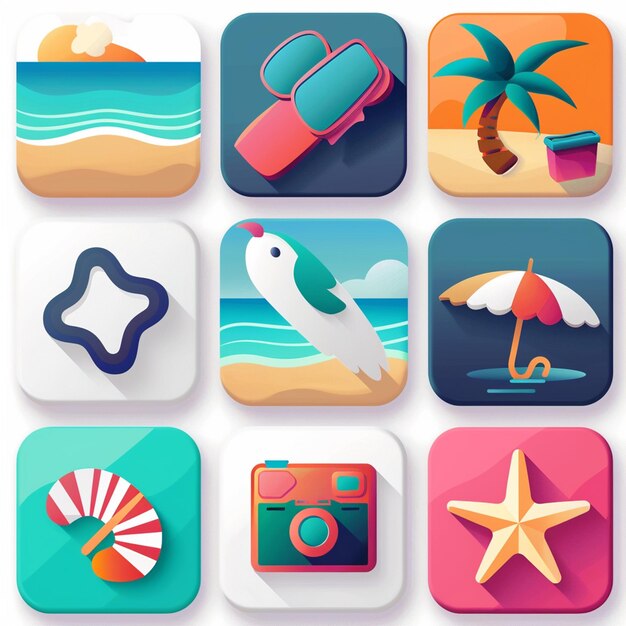 Photo une collection de différentes applications, y compris une scène de plage, des palmiers de plage et un parapluie de plage