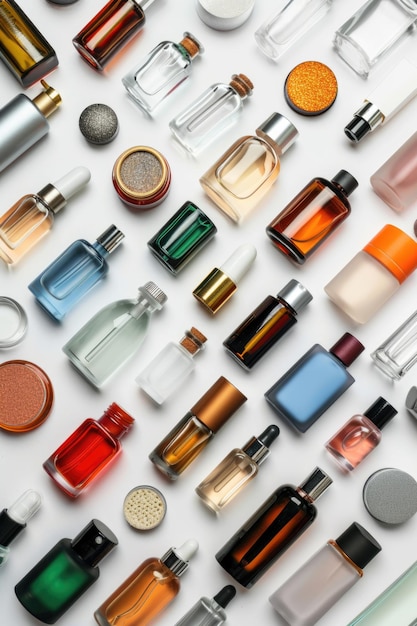 Photo collection de différentes bouteilles de parfum sur un fond blanc propre idéal pour les concepts de beauté et de parfum