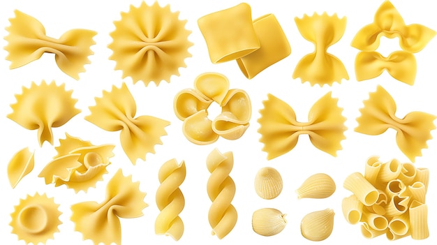 Collection de différentes formes de pâtes séchées isolées sur un fond blanc