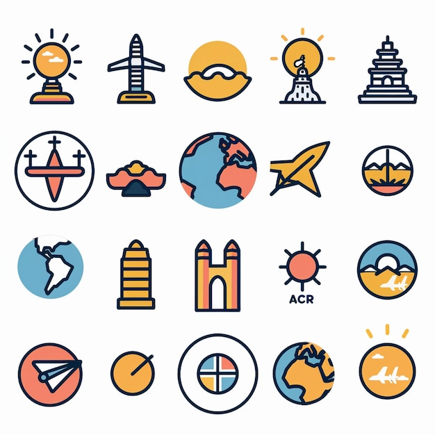 une collection de différentes icônes, y compris un avion, un navire et un avion