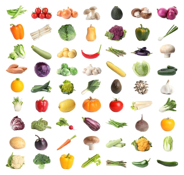 Collection de différents légumes frais sur fond blanc