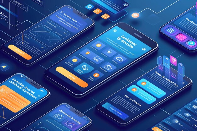 Photo une collection de différents téléphones portables présentant une gamme d'écrans d'affichage processus de développement d'applications mobiles avec divers écrans et icônes ai généré
