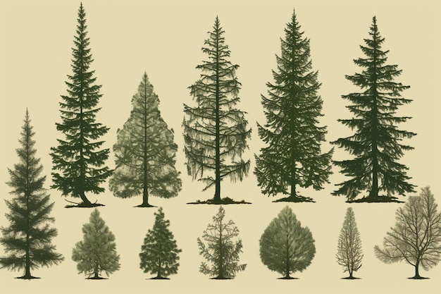 Une collection de différents types d'arbres à feuilles persistantes.