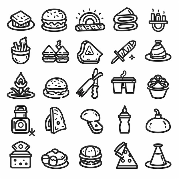 une collection de différents types de nourriture, y compris un gâteau et un stylo