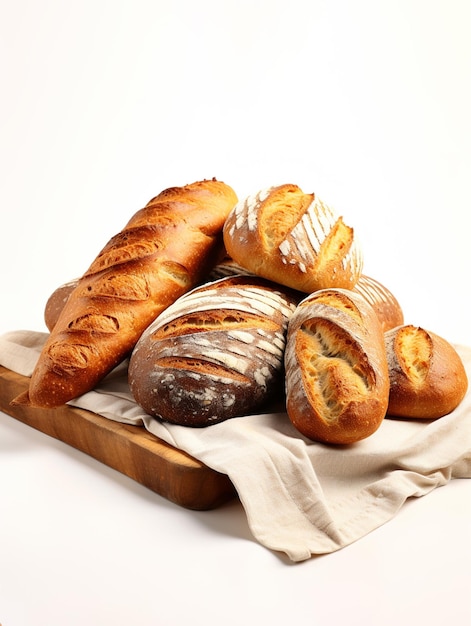Une collection de différents types de pain frais isolés sur un fond blanc.