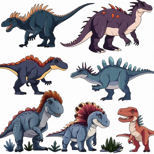 Une collection de dinosaures différents avec des couleurs différentes.