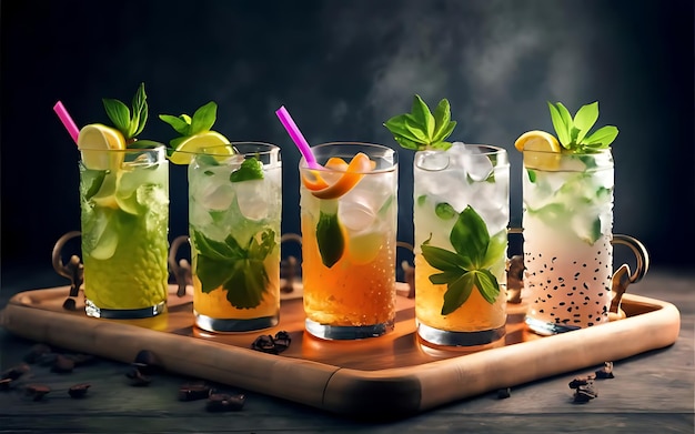 Une collection de divers cocktails mojito sur un plateau