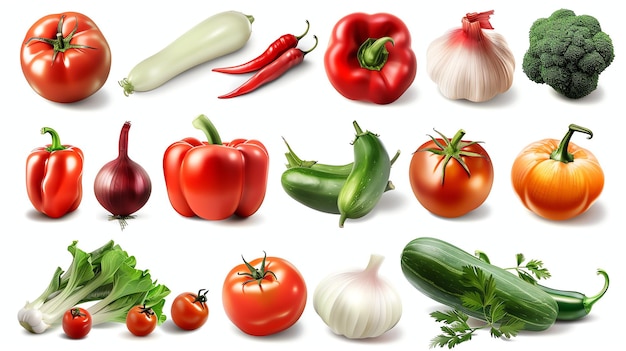 Une collection de divers légumes isolés sur un fond blanc