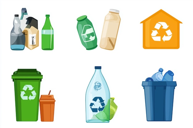 la collection de divers objets recyclables, y compris des bouteilles, des tasses et des sacs, est indiquée dans une rangée