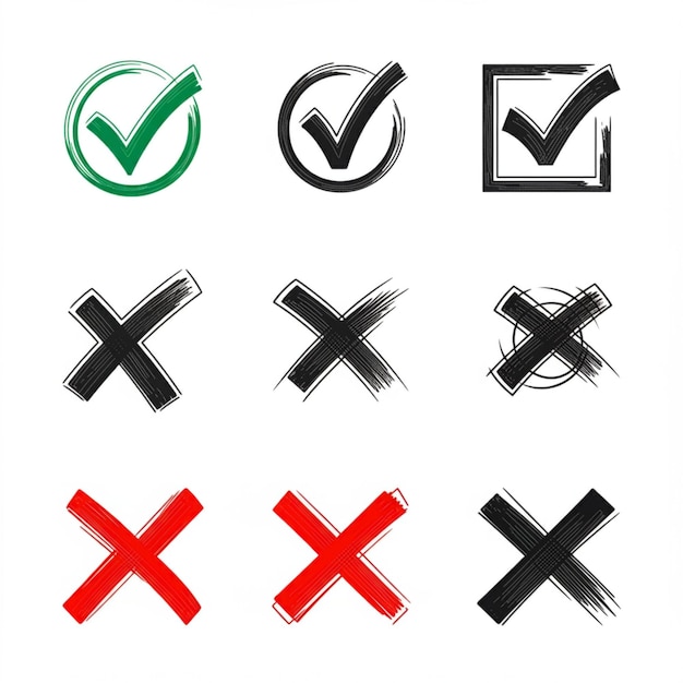 une collection de divers signes noirs et blancs, y compris un symbole à carreaux et une croix rouge