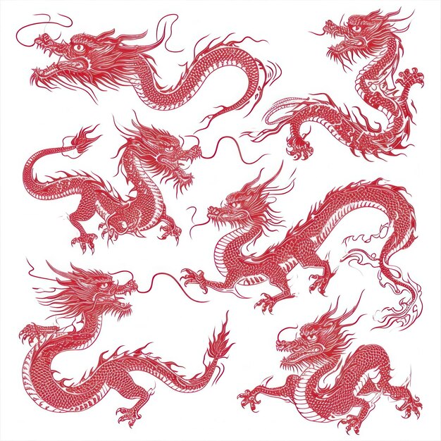 Collection de dragons de style chinois sur fond blanc