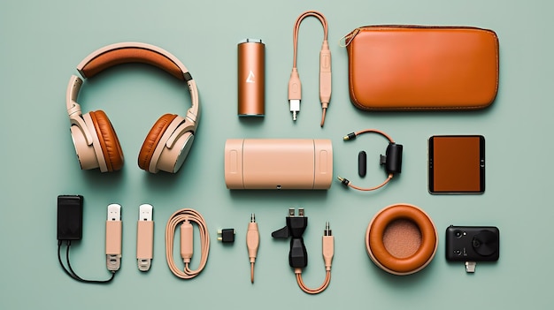 Photo une collection d'écouteurs en cuir marron, un câble usb et un câble usb.