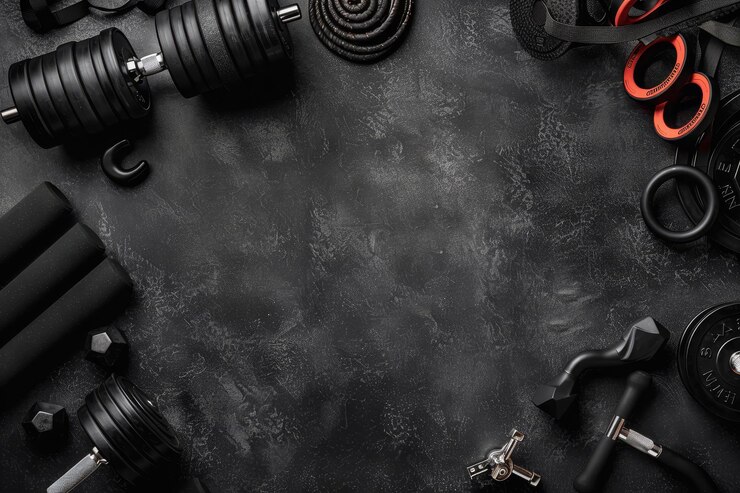 Photo une collection d'équipements de gymnastique est étalée sur une surface sombre avec des haltères, des bandes de résistance et des plaques de poids idéales pour les amateurs de fitness et d'entraînement de force.