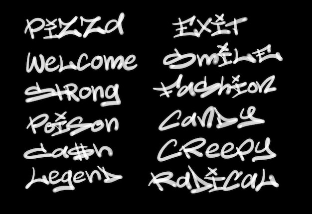 Collection d'étiquettes d'art de rue graffiti avec des mots et des symboles en couleur blanche sur noir