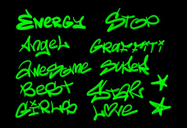 Photo collection d'étiquettes d'art de rue graffiti avec des mots et des symboles en vert clair sur noir