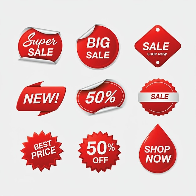 une collection d'étiquettes rouges et blanches comprenant les meilleurs nouveaux produits