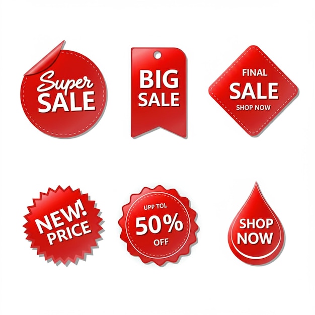 une collection d'étiquettes rouges et blanches, y compris une étiquette rouge qui dit "grande vente"