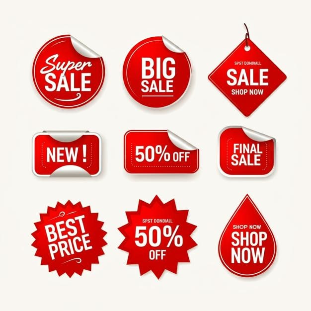 une collection d'étiquettes rouges comprenant de grandes réductions
