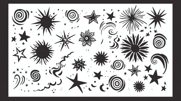 Une collection d'étoiles dessinées à la main, de soleils et d'autres corps célestes. Les illustrations vectorielles sont parfaites pour créer vos propres dessins uniques.