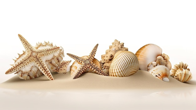 une collection d'étoiles de mer et de coquillages sur fond blanc