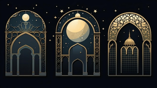 Collection de fenêtres et d'arches islamiques de style oriental avec un dôme et des lanternes de mosquée de lune au design bohème moderne