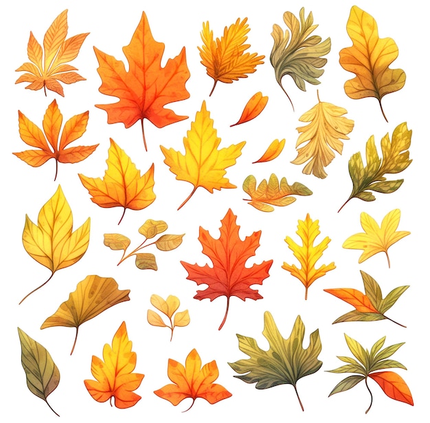 Collection de feuilles d'arbres d'automne multicolores dans le style d'aquarelle isolée sur fond blanc Illustration générative d'IA