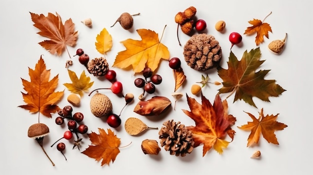 Une collection de feuilles d'automne et de noix sur fond blanc