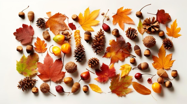 Une collection de feuilles d'automne et de noix sur fond blanc